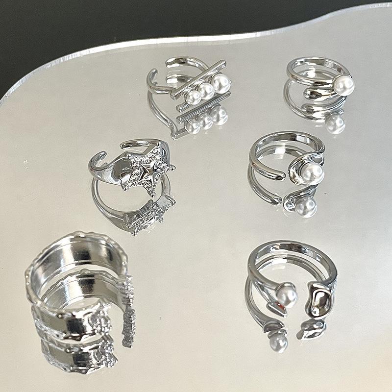 Irregular Plain Ring Full Of Diamonds, Zircon Ring, Women'S Niche Design Sense, Pearl Simple Personality, Index Finger Ring, Open Ring.