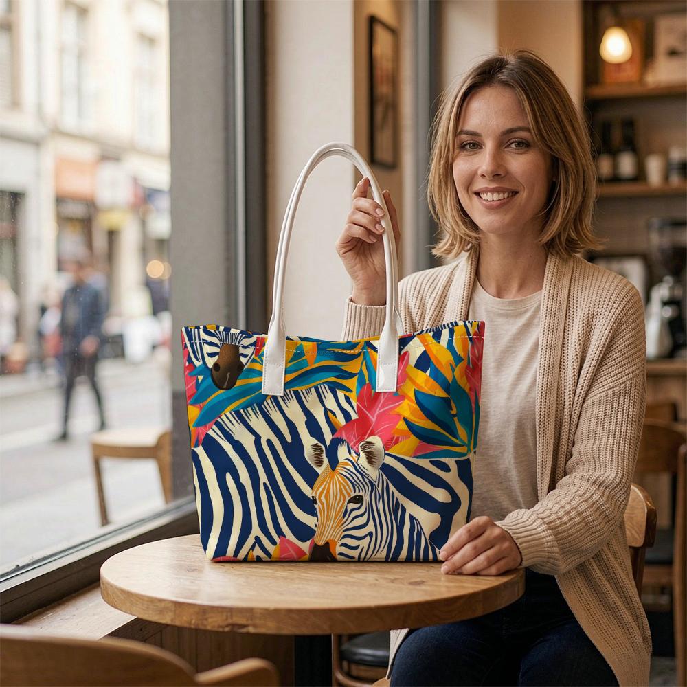 Vibrant Zebra Printed Casual Tote Bag Portable Stylish Daily Use Handbag for Outdoor Shopping