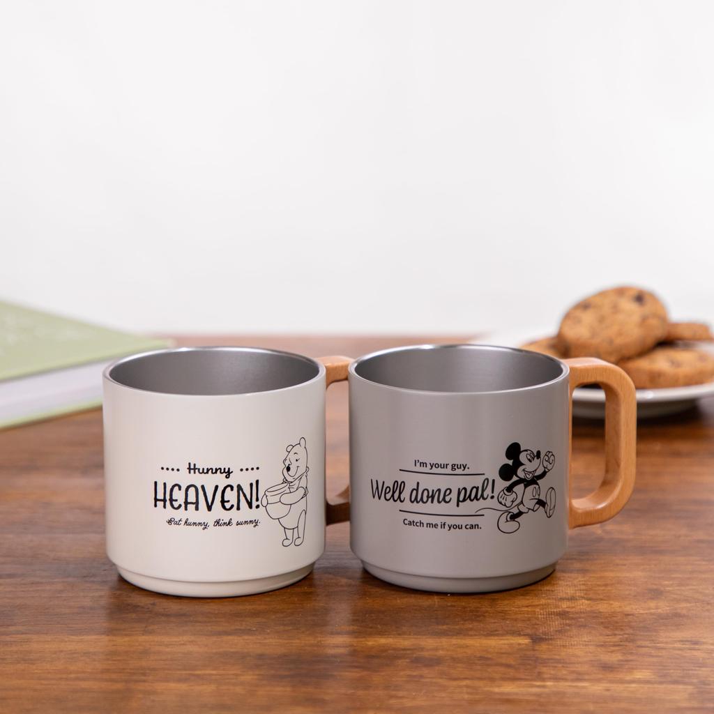 Skater Stackable Stainless Steel Keeps Hot or Vacuum with Wooden Disney Winnie the Pooh Design Mug, 350ml, Cold, Insulated, Handle, (SSTMG3S-A)
