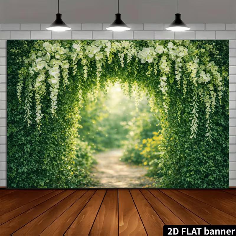 2D Üppiges Grün mit Weißen Blumen Hintergrundtuch Fotokabinen Requisite