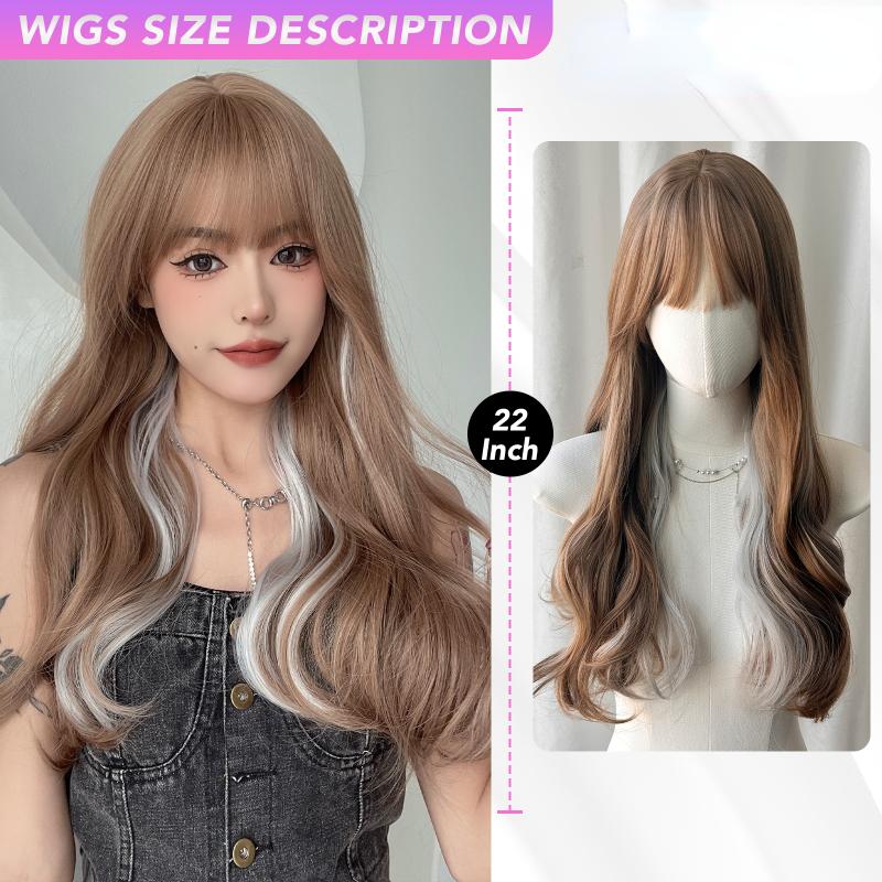 Brown Gray Curly Wave Wigs Air Bangs 22 Inch  Fiber Synthetic Heat-resistant Deep Wave Hair Natural Party or Selfie Korean Fashion