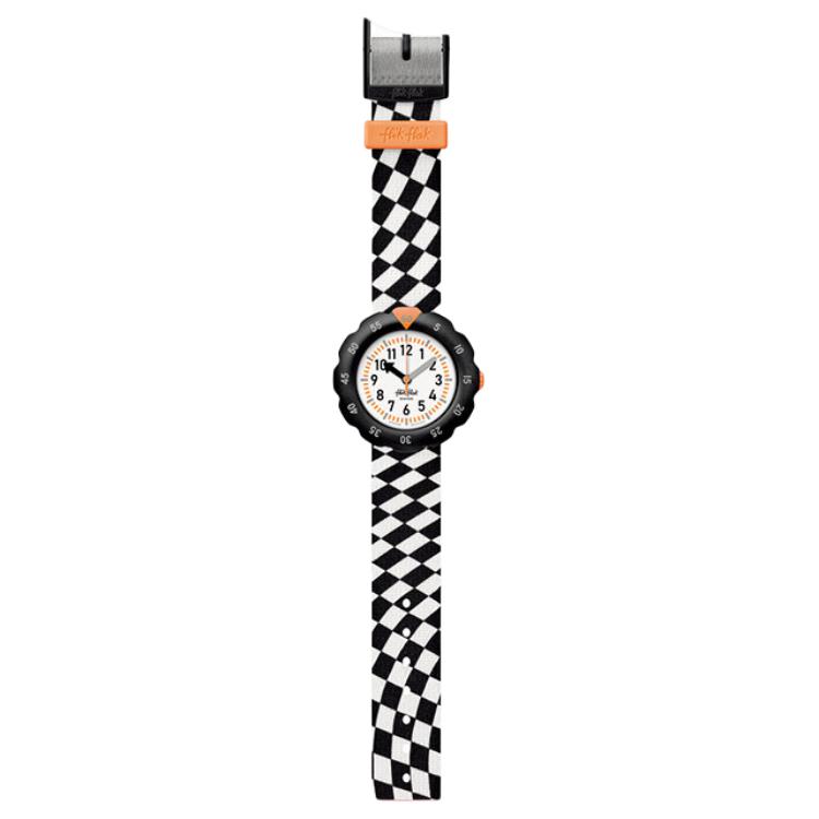 Swatch Flik Flak Feifei Serie Quarzwerk 30 Meter wasserdicht Kinder Schweizer Uhr 35mm weißes Zifferblatt Kunststoffgehäuse Stoffarmband ZFPSP069