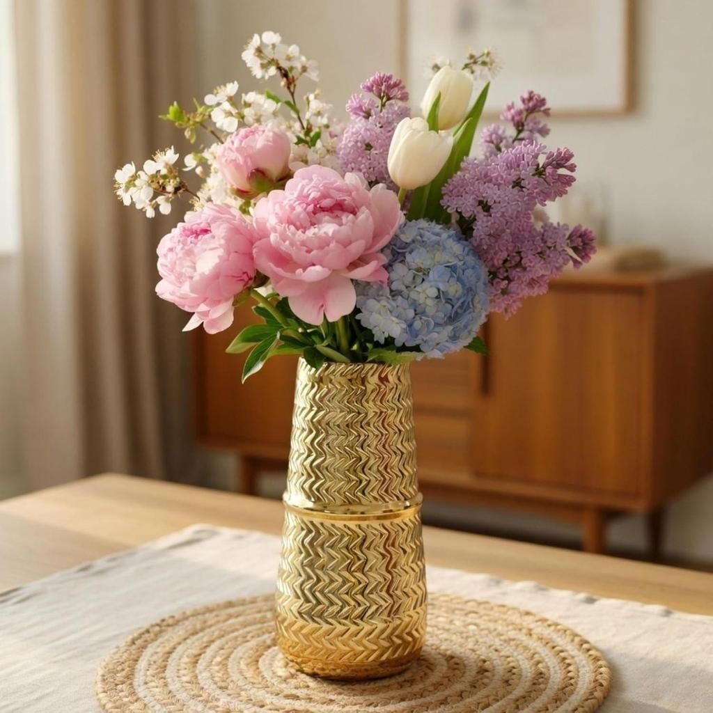 Engraved Metal Arrow Engrave flower vase in Golden – for fresh or artificial flower displays – great wedding gift (1Pc, 9.2")