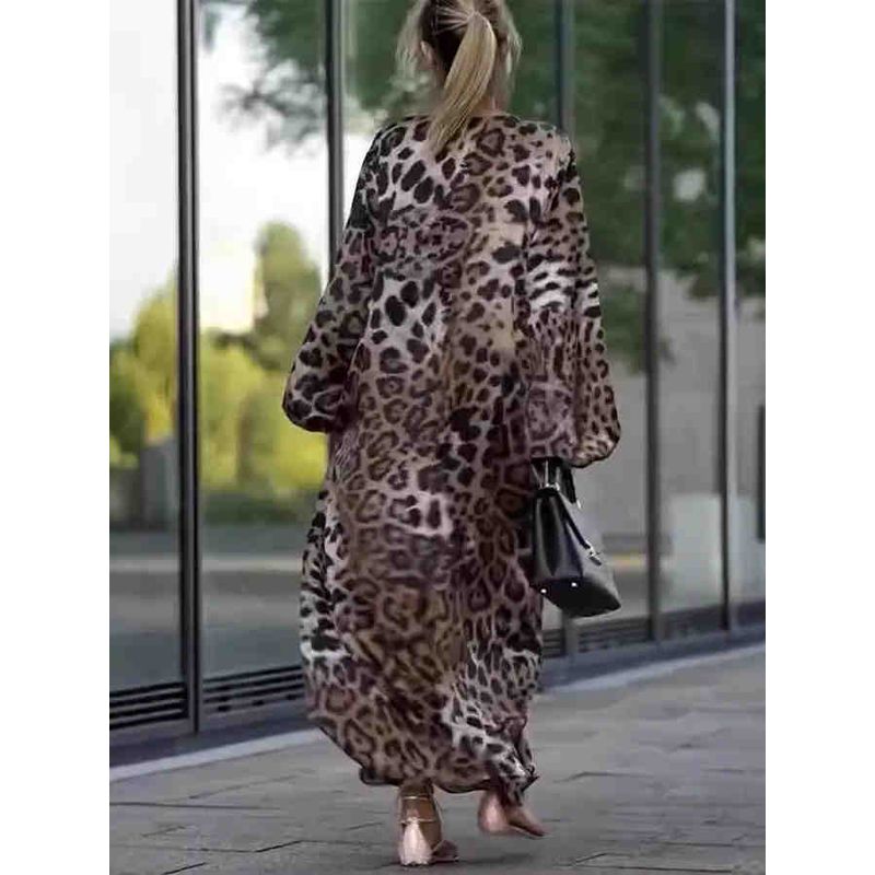 European and American Loose Leopard Print Long sleeve Plus size dresses Print Long Sleeve plus Size Dress