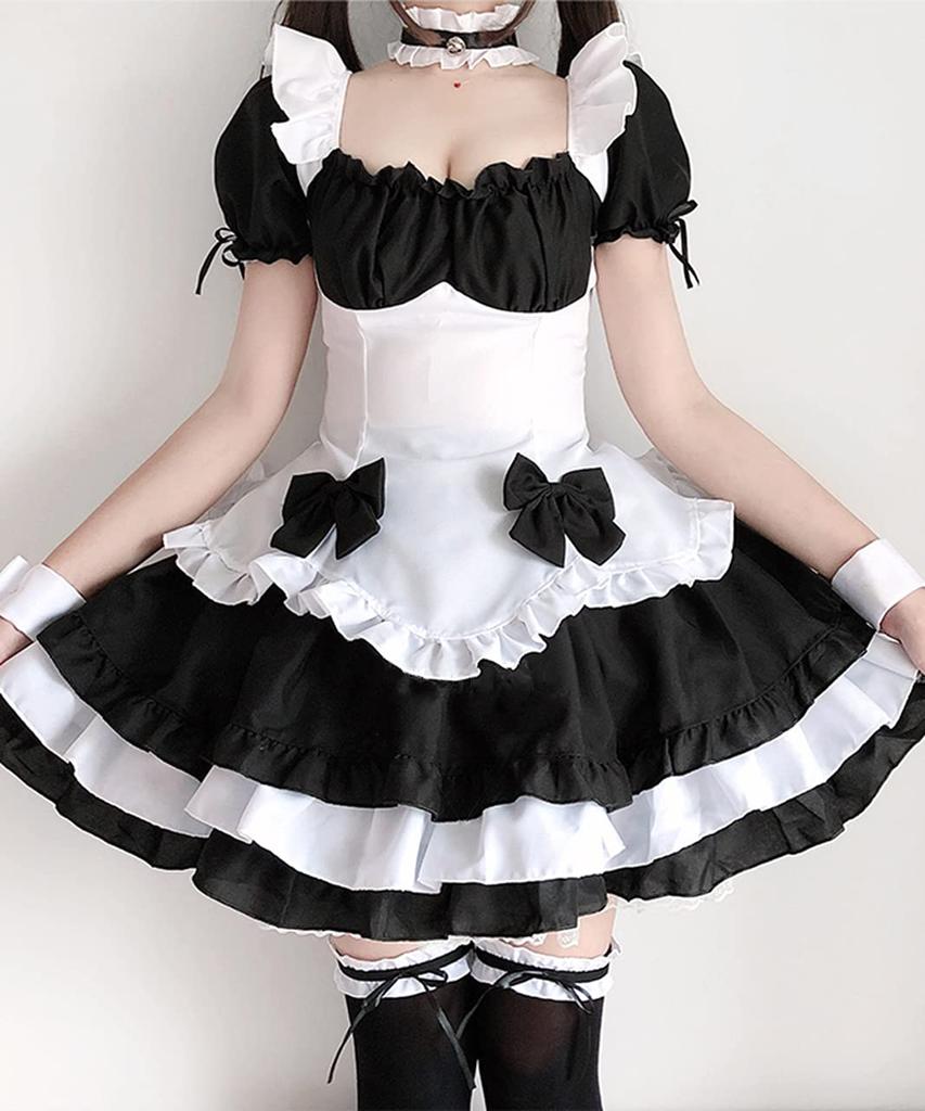 [Milky Time] Maid Costume Cosplay Dress, Puff Sleeves, Mini Length, Light Blue, Black and White (Includes Black and White Ribbon)