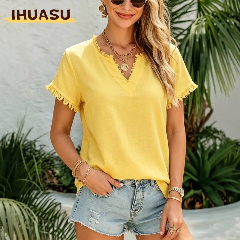 IHUASU Women's Fashion Casual V-Neck Short Sleeve Blouses & Shirts