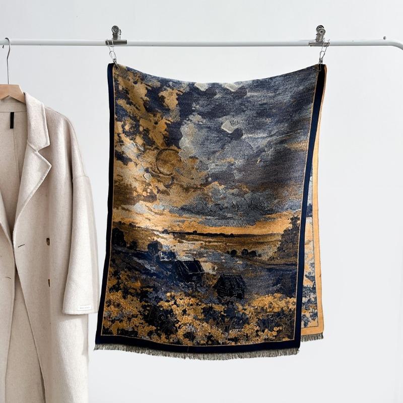 Autumn and winter new double-sided color oil painting series imitation cashmere thickened warm scarf women's air conditioner shawl