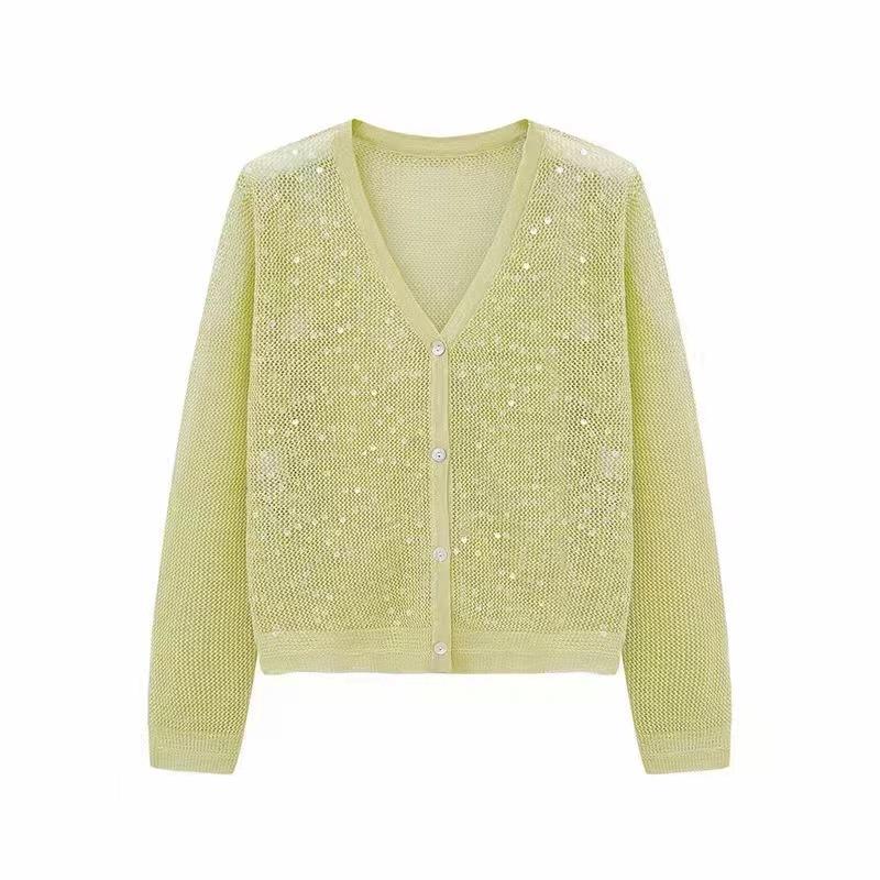 QICED Cardigan din tricot cu paiete, haină de vară, pentru femei, cu plasă scobită din tul, pentru protecție solară, pelerina de sus