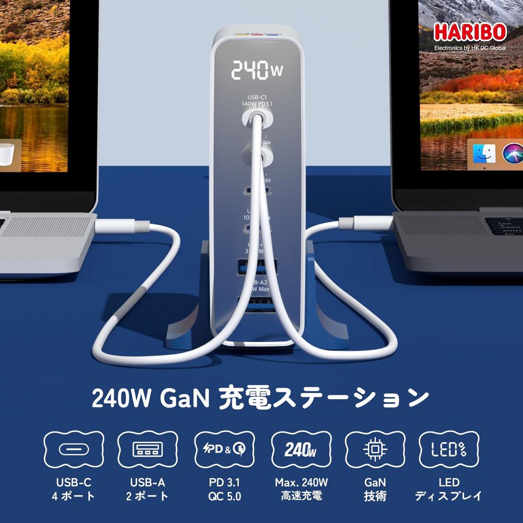 Haribo 240W GaN Charging 6 Ports x 2 x PD QC for Consoles Station, (4 USB-C / USB-A), 3.1 (140W) & 5.0 Compatible,