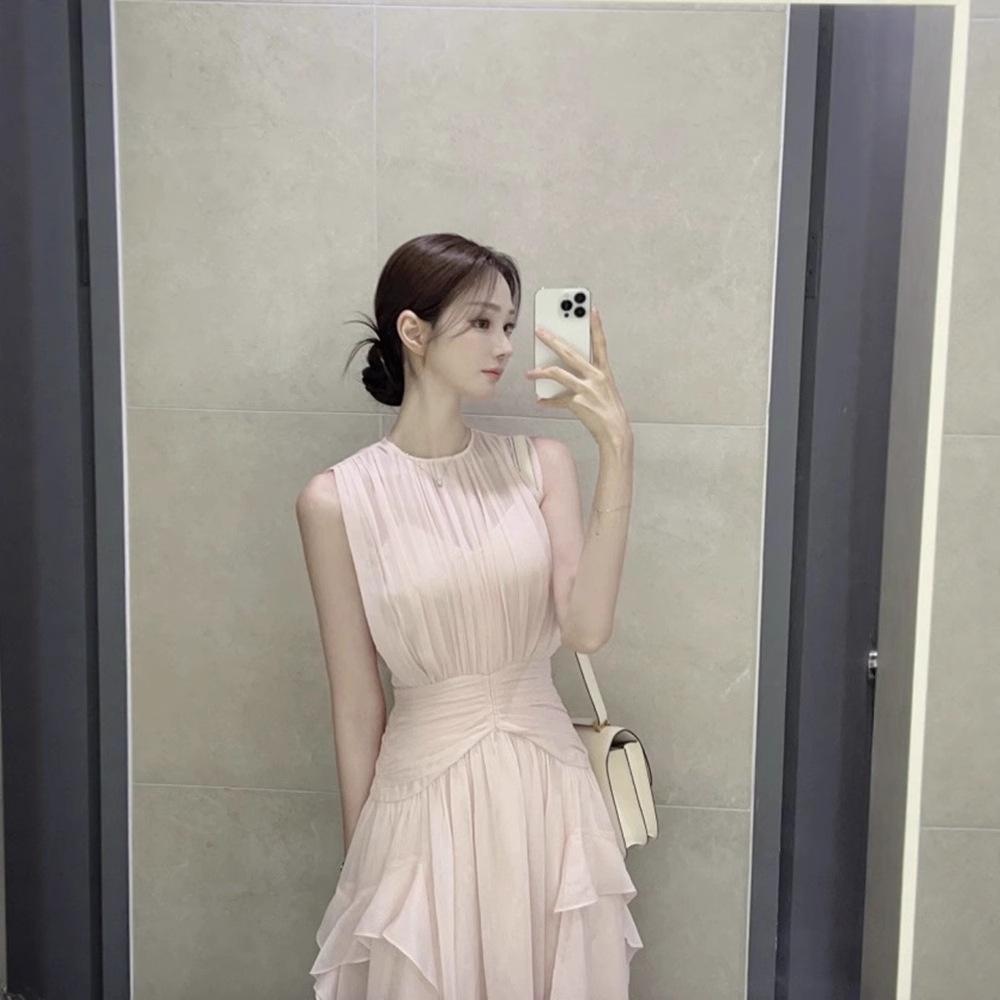 

In-Stock Pink Sleeveless Chiffon A-line Dress for Women - 2025 Summer Slimming Waist-cinching Fairy Style Medium розовый