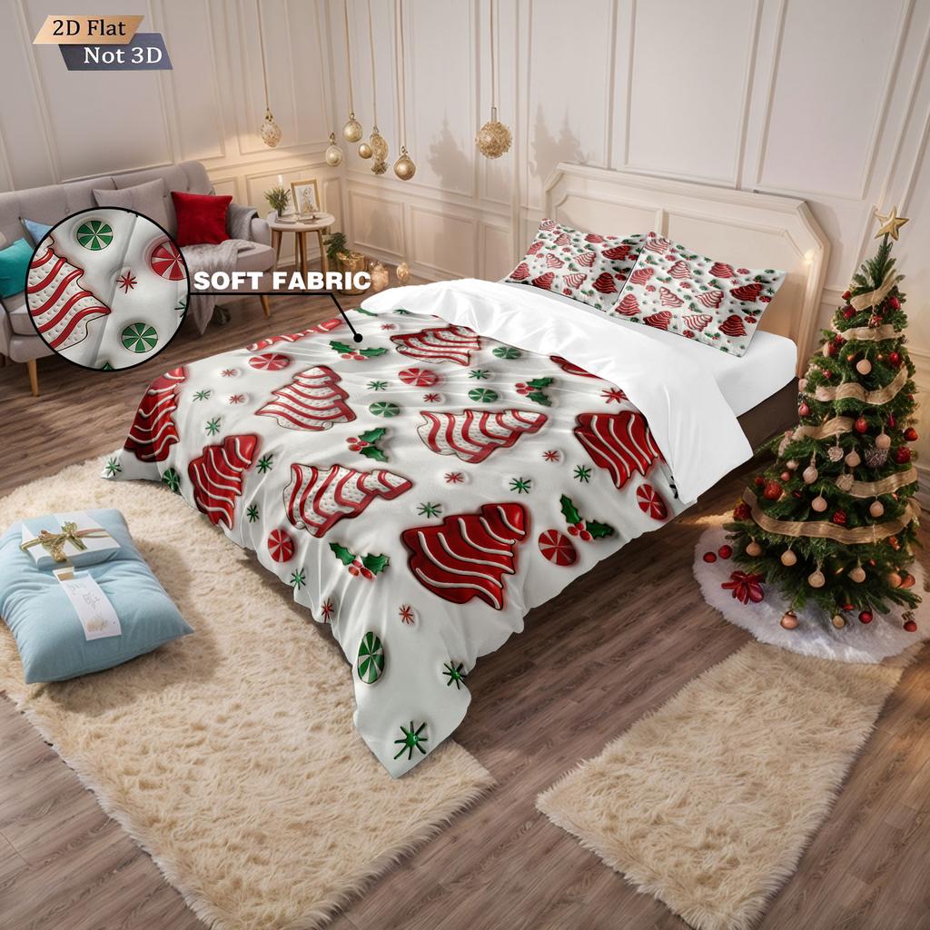 3pcs Red Christmas Tree Printed Coreless Bedding Set Comfortable Multi Size Bedroom and Dormitory Duvet Covers, Machine Washable