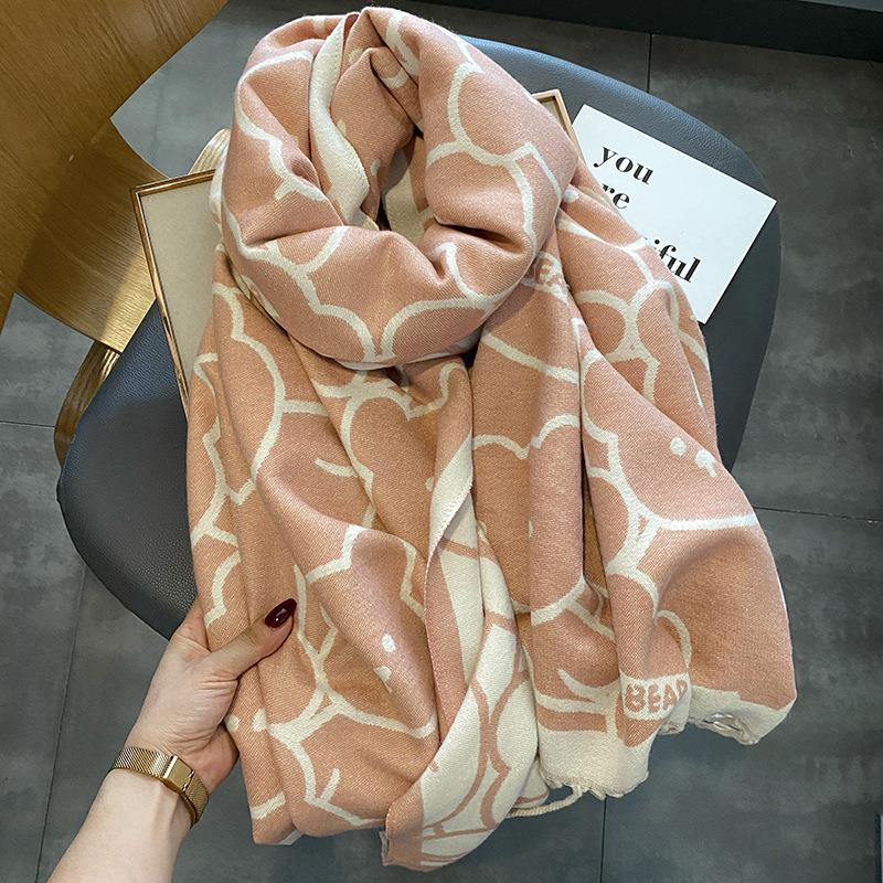 Korean Version of Cute Bear Student Imitation Cashmere Scarf High End Lady Soft Girl Tassel Shawl  Warm and Thickened Scarf
