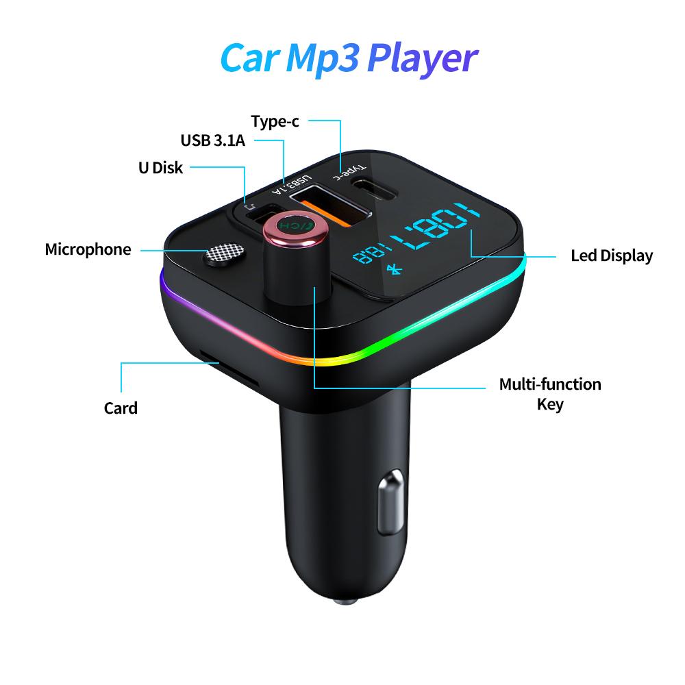 Auto FM Transmitter Modulator Drahtlos Bluetooth 5.0 USB 3.1A Typ-C Schnelllader Autoradio MP3 Player Musik Freisprecheinrichtung Auto-Kit