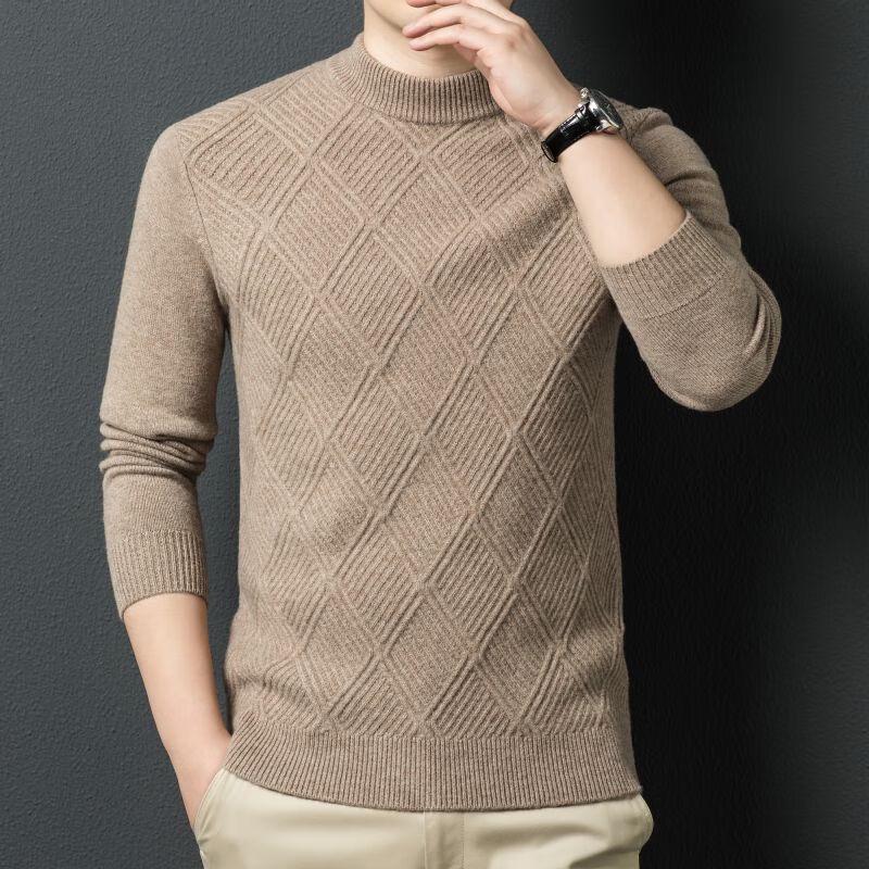Fengxun Men's 100% Lambswool Cable Knit Mock Neck Sweater FXT5229