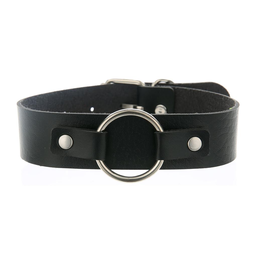 Unisex Round Ring PU Leather Choker, Harajuku Punk Adjustable Neck Collar