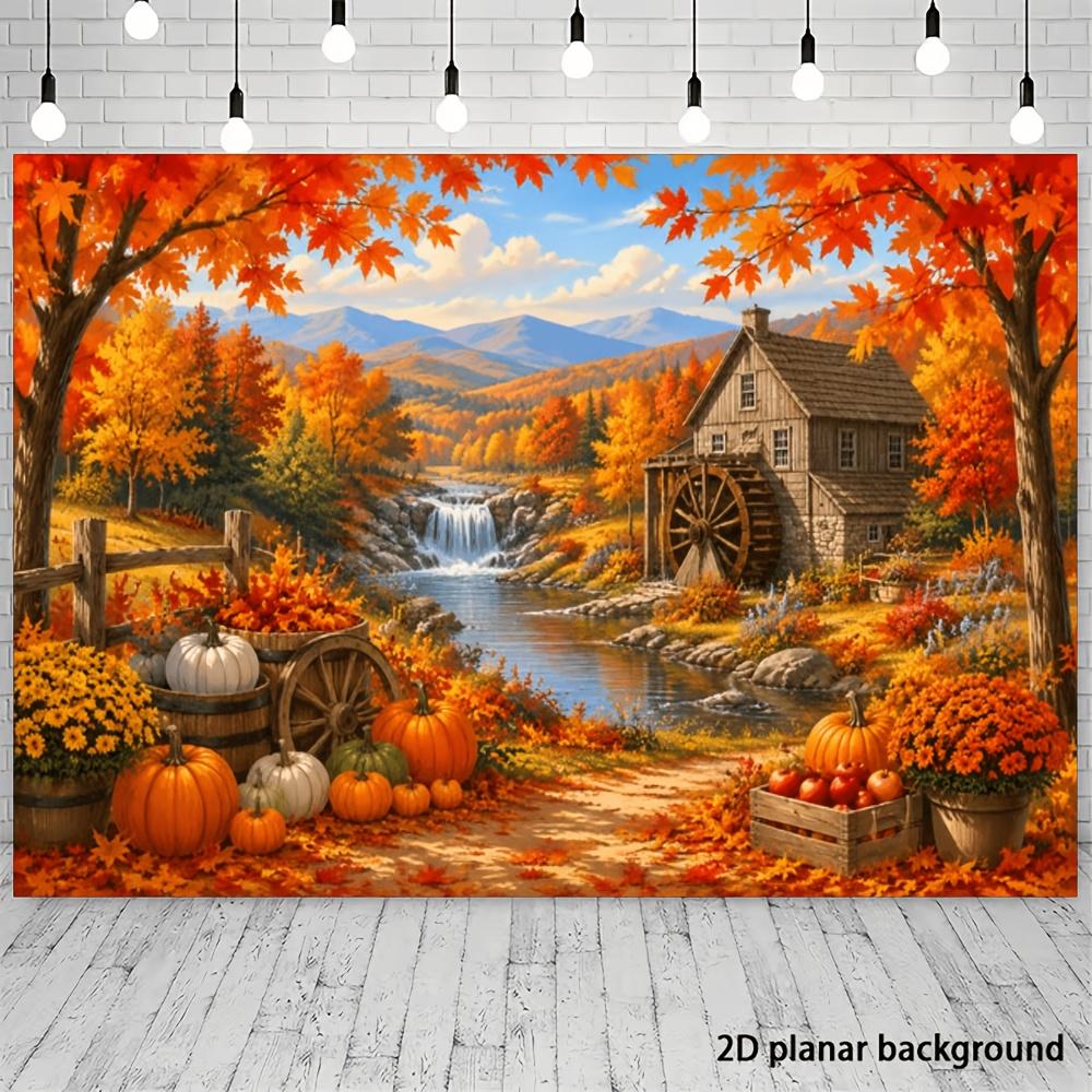 A 2D flat banner with a background featuring a rural autumn harvest theme with a distinctive feature of red maple trees.zyc