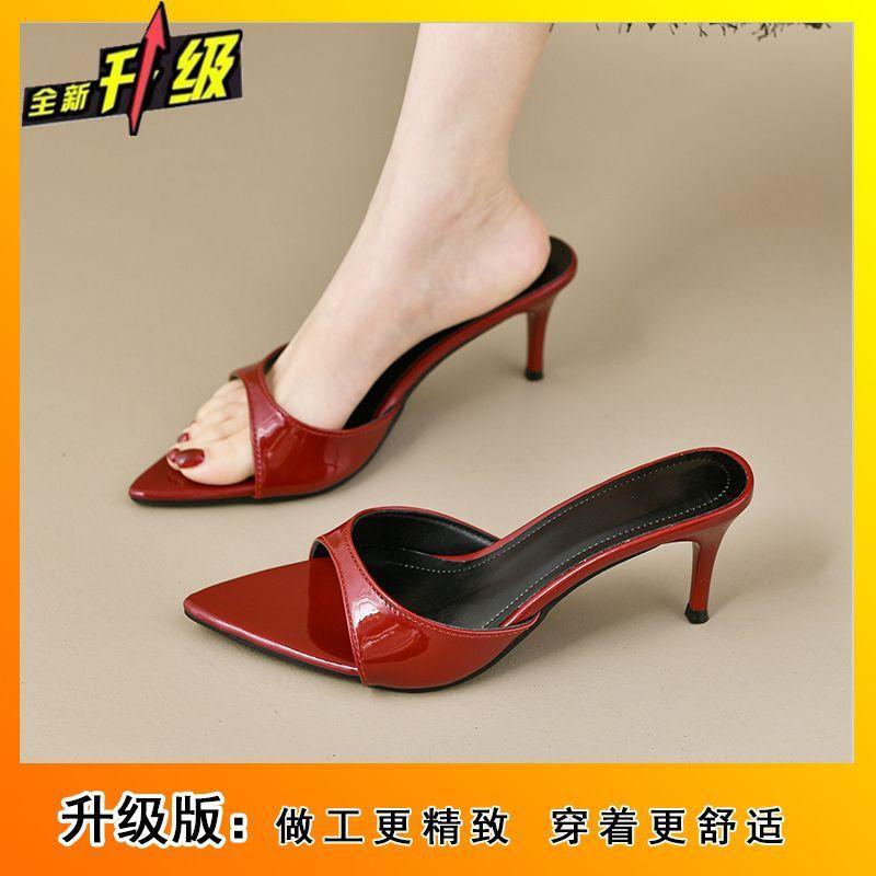 Patent leather high-heeled thin-heeled women's slippers 2025 summer new fashion versatile dopamine pointed cool slippers women