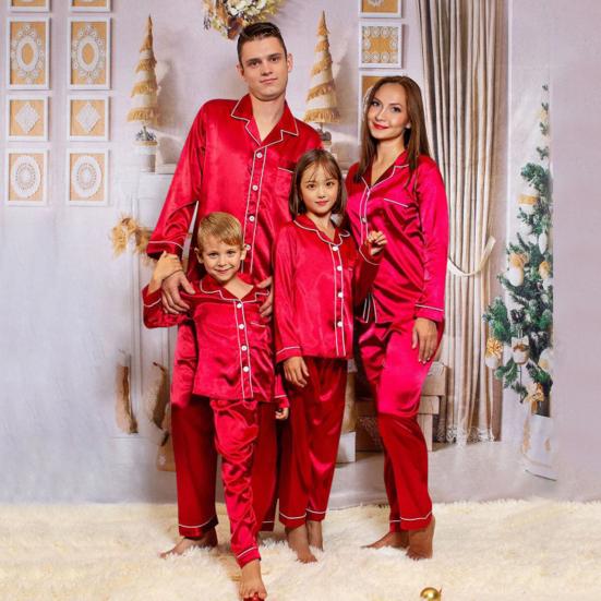 2Pcs/Set Christmas Pajamas Set Family Matching Xmas Pajamas Set Solid Color Smooth Fabric Festive Family Sleepwear