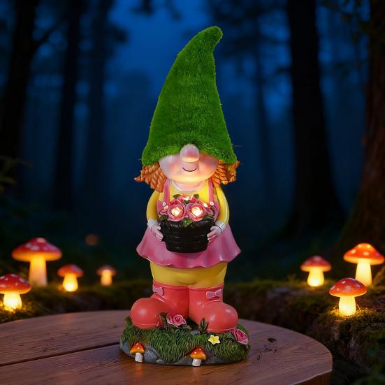 Solar Garden Gnome Statue with LED Light Holding Flower Basket Flocking Hat Dwarf Girl Figurine Sculpture Outdoor Decoration Ornament