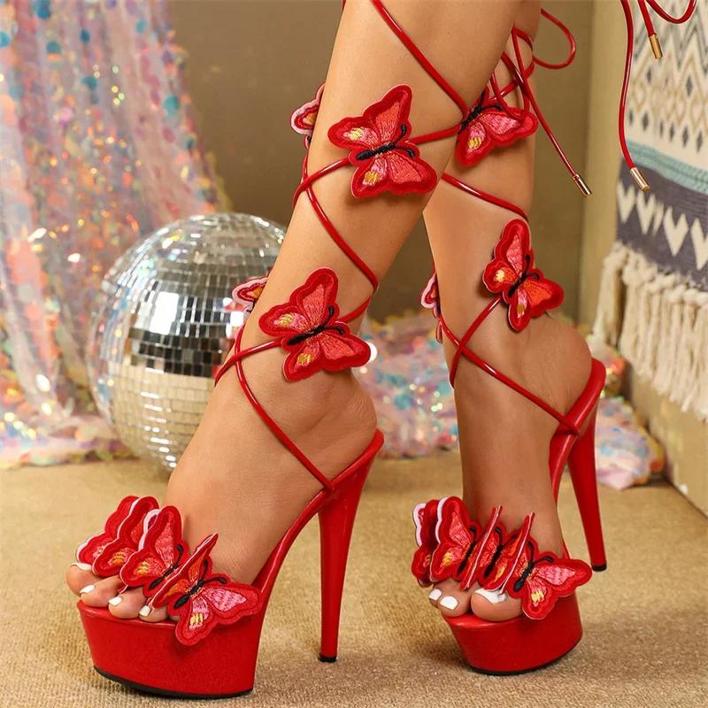 2024 New Pink Yellow Cross Strap Platform Sandals Women Handmade Embroidery Butterfly Open Toe Elegant High Heels Shoes