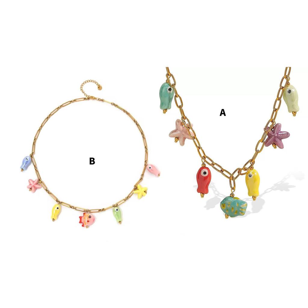 Fashionable Ceramic and Stainless Steel Oceanics Themed Adjustable Necklace With Starfish and Fish Pendant