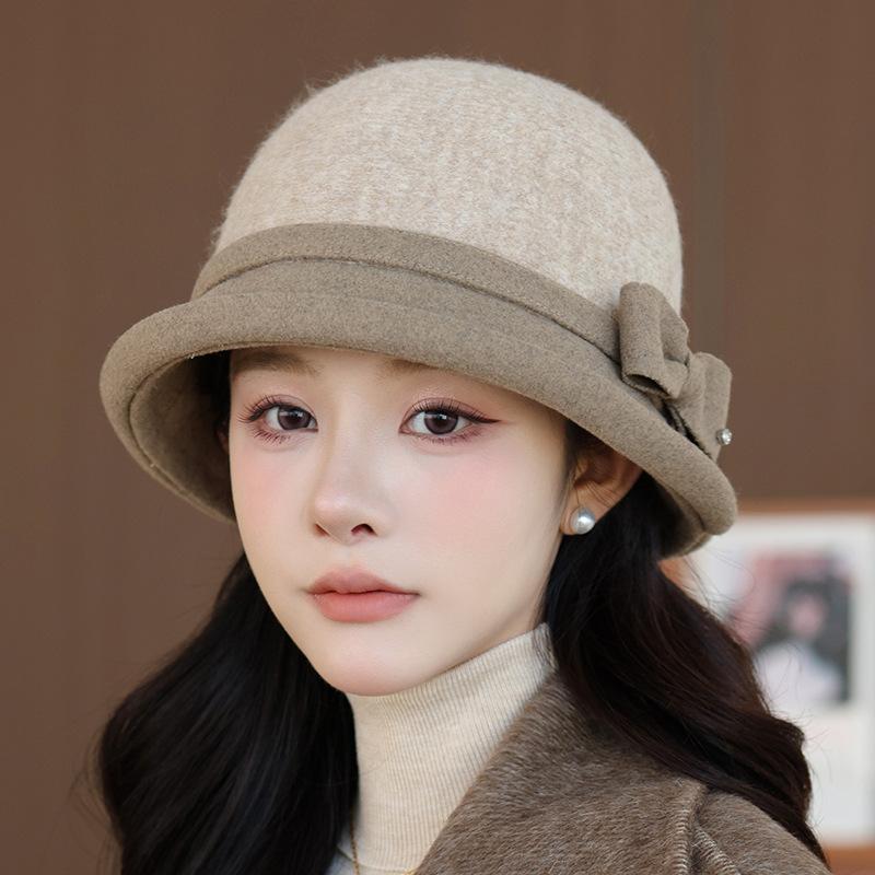Wool Bucket Hat Women's Autumn and Winter Retro Bow Top Hat Winter Warm Foldable Tweed Bucket Hat - Face- Fisherman