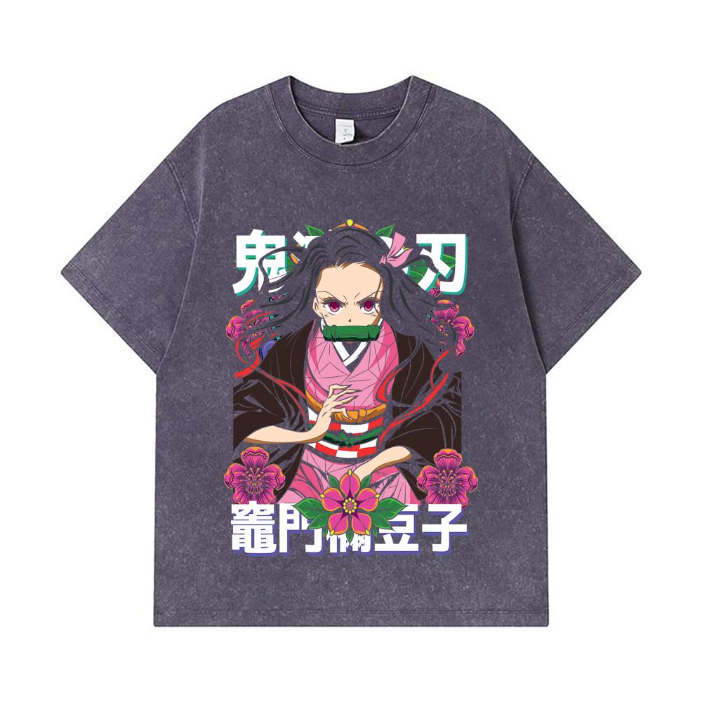 275 GSM Gewaschene T-Shirts 100% Baumwolle Demon Slayer V70 Nezuko Blumenprint Unisex Schweres Baumwoll-T-Shirt