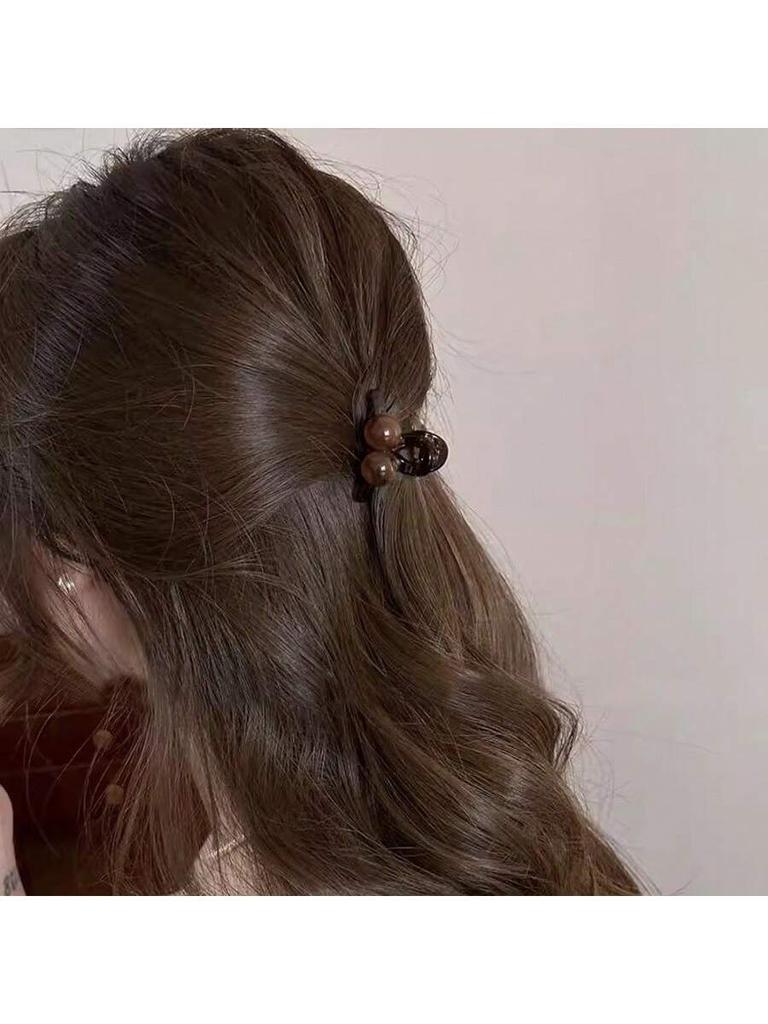 1-Piece Brown Maillard Double Pearl Hair Clip - High-End Cute Hair Accessory, Bangs Clip, Versatile Everyday Hairpin