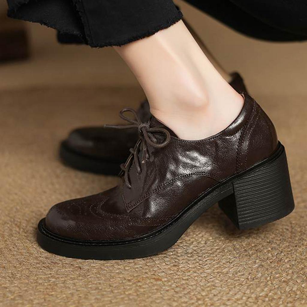 Krazing Pot Sheepskin Autumn Winter Shoes Lace Up Chunky Heels Oxford Shoes Size 43 Round Toe Deep Mouth Pumps