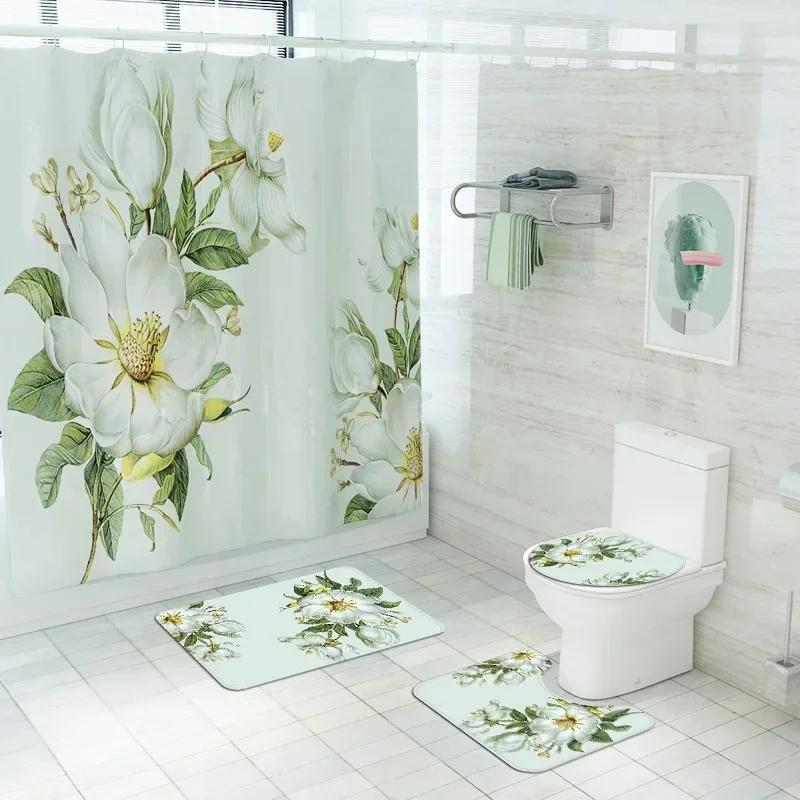 Hochwertiges Kleines Frisches Duschvorhang-Set Weiße Blumen Aufdruck Badezimmer Vorhänge Anti-Rutsch-Teppich Toilettendeckelbezug Badezimmerteppich