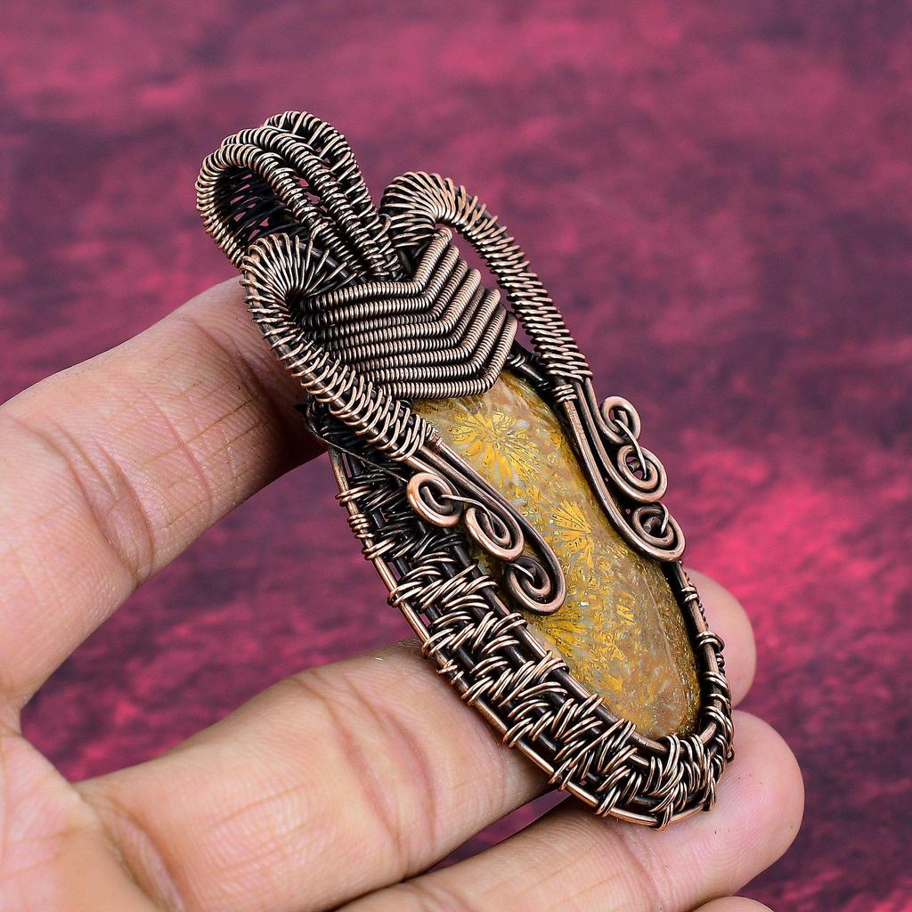 Fossil Coral Pendant Natural Gemstone Pendant Copper Wire Wrapped Unique Jewelry