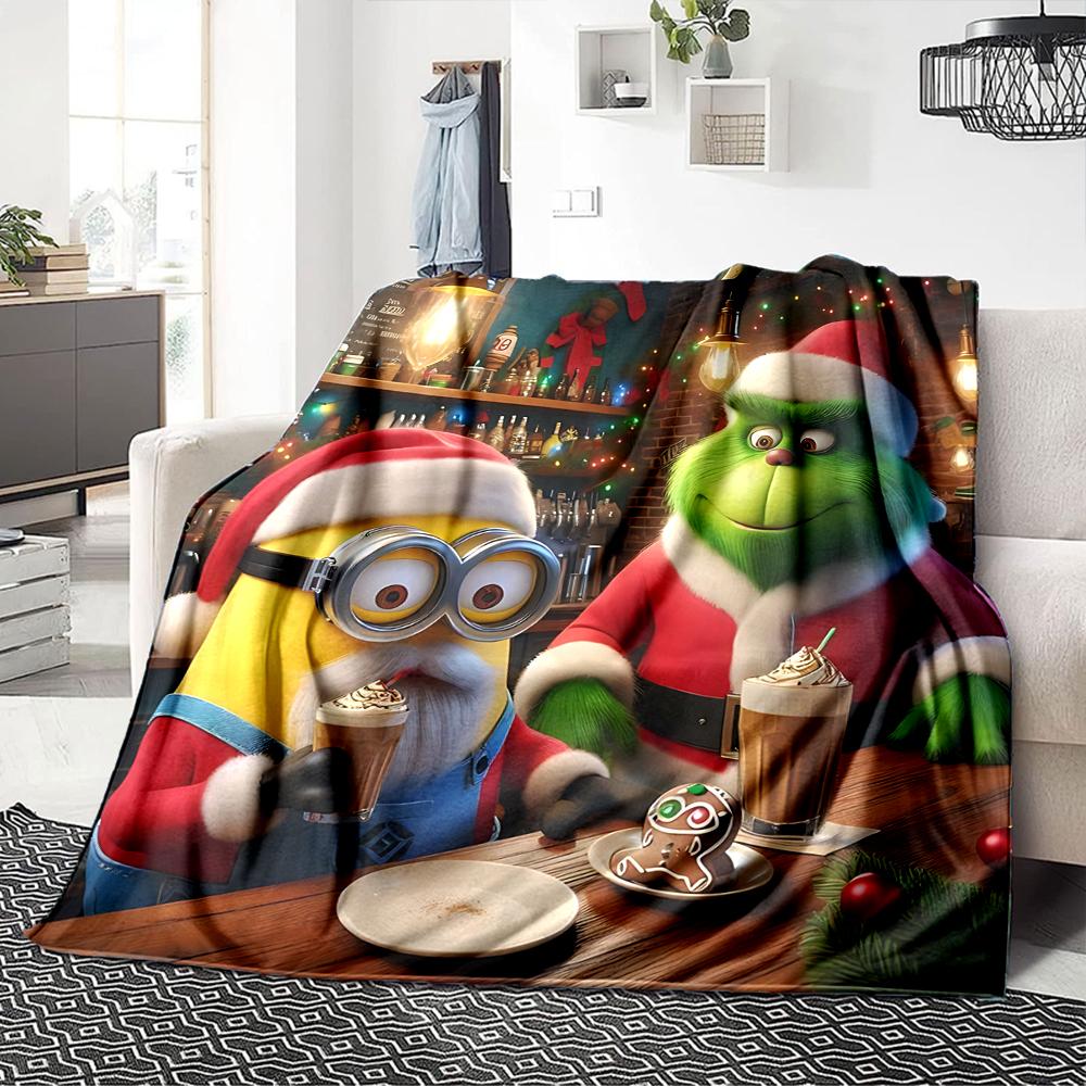 1Pc Christmas Minions Grinch Blanket Soft Throw Blanket For Home Bedroom Bed Sofa Travel Office Solid Christmas Blanket