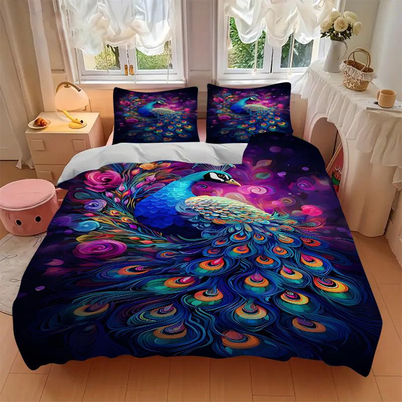 3pcs Peacock Feather Duvet Cover Set -Includes 1 Duvet Cover and 2 Pillowcases, No Quilt Core, All-Season Home Decor  yy251111192