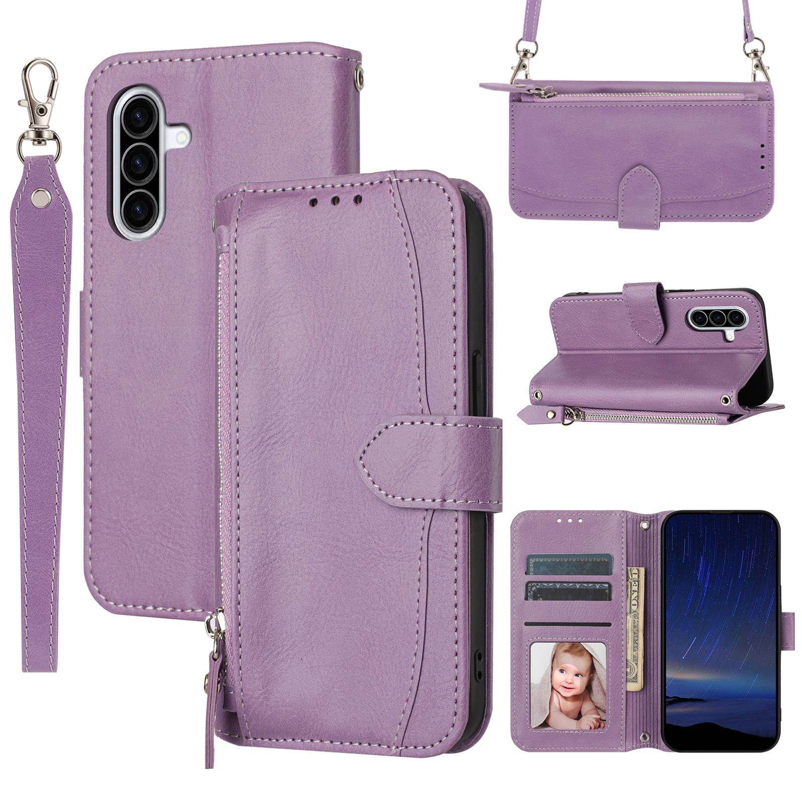 

Чехол для Samsung Galaxy A26 5G с карманом на молнии, кожаная накладка для телефона с ремешком через плечо Purple