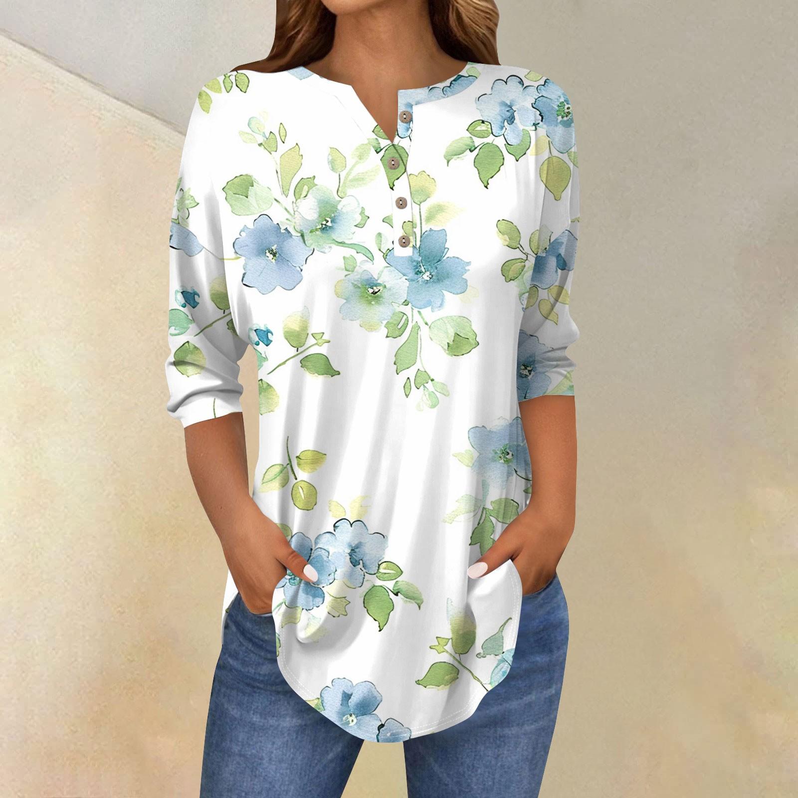

Women s Loose Button Collar Three-quarter Sleeve T-shirt Pullover Top XL зелений