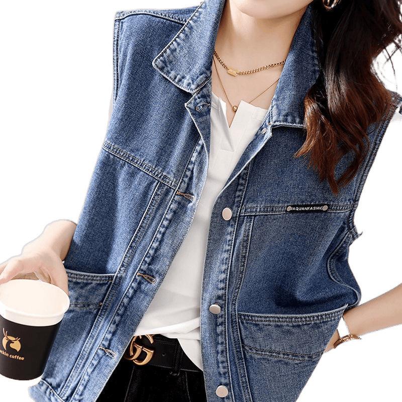 Women's Cowboy Vest Versatile Loose Jacket Spring and Autumn Workwear Pocket Vest Denim