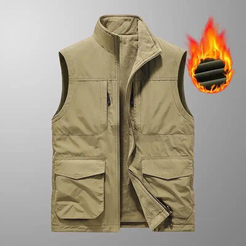 

Plush Men s Solid Color Autumn and Winter Zipper Cardigan Pocket Vest Work Vest Jacket Top 6XL