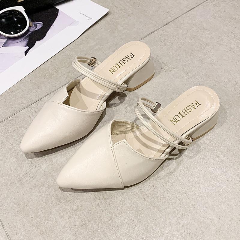 Baotou Sandalen Damen Sommer Oberbekleidung Damenrock Temperament Dicke Ferse Spitz Halb-Slipper Einzelne Schuhe High Heels
