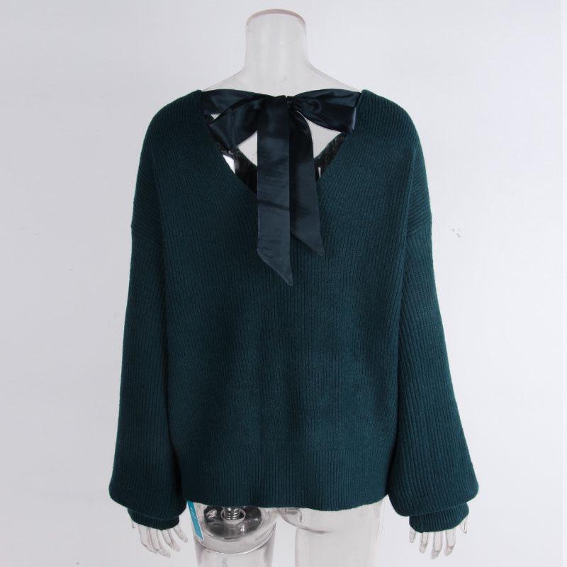 European & American V-neck Bowknot Sweater - Women's Casual Autumn/Winter Long Sleeve Loose Top