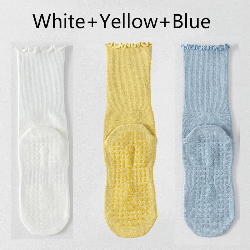 3 Pairs Solid Yoga Socks for Women Cotton Breathable Mid-calf Yoga Socks Pliates Sport Fitness Non-slip Grip Floor Socks Ruffle