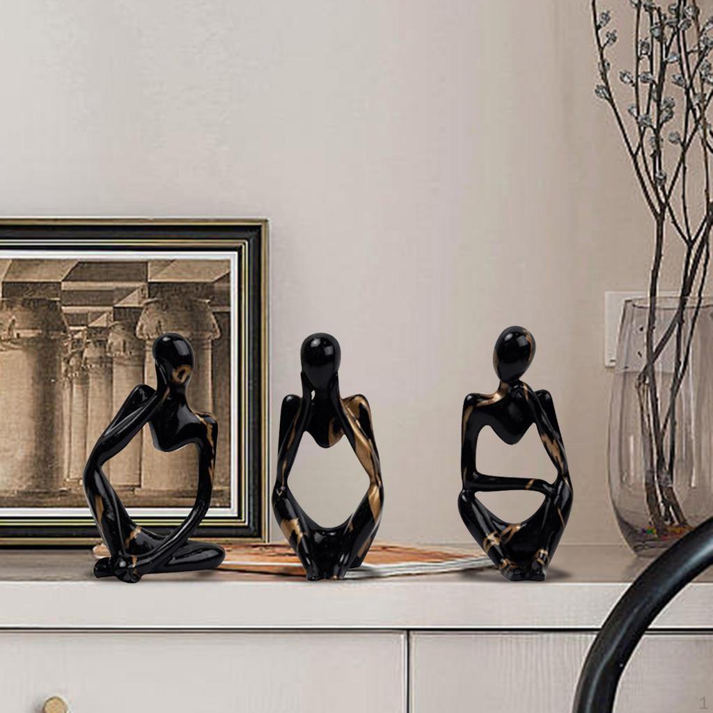 3 Piece Sitting Thinker Statue Modern Resin Figurines Abstract Sculpture for Home Office Study
