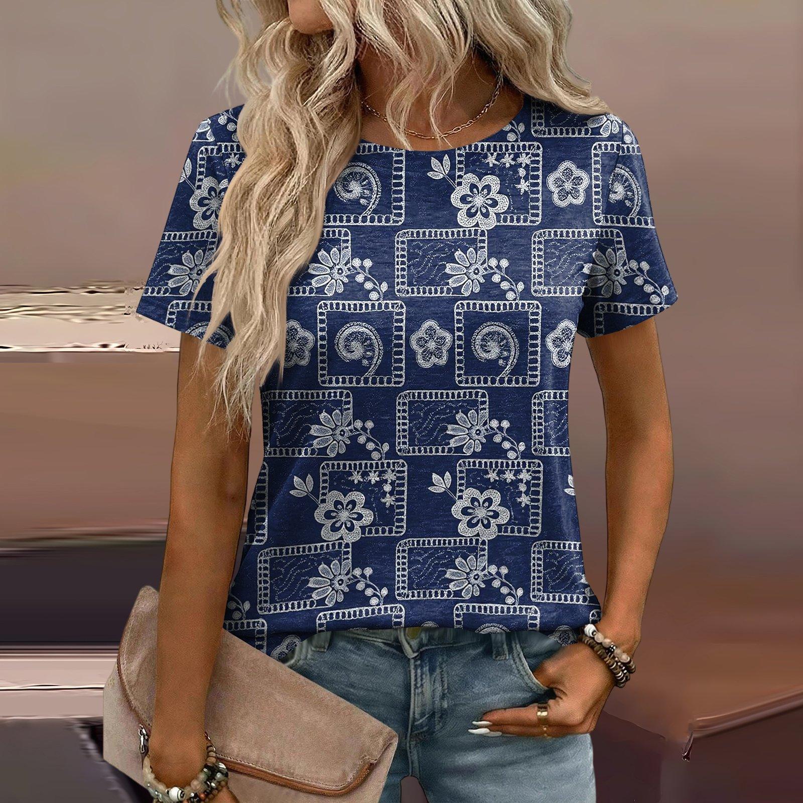 

Women’s Short Sleeve Crew Neck Top with Geometric Print Loose Fit Casual Lightweight T Shirt for Daily Wear XXXL