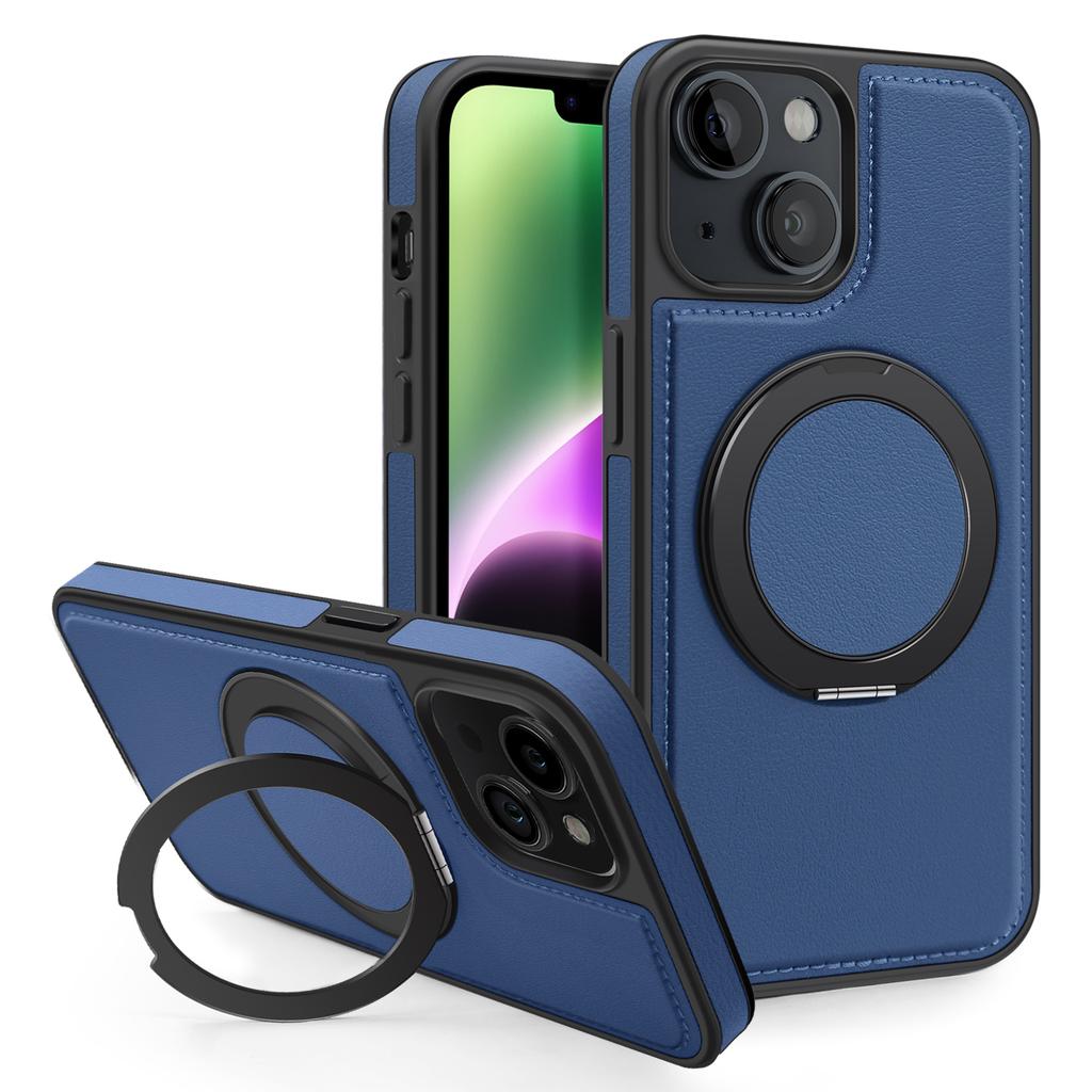 For iPhone 14 Case with Ring Kickstand Compatible with MagSafe PU Leather Back Cover