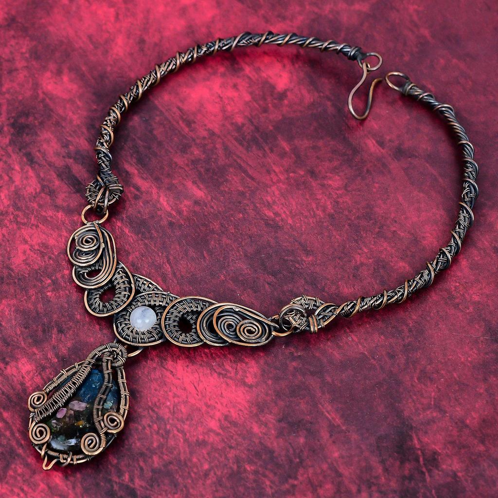 Copper watermelon tourmaline necklace copper wire wrapped gemstone necklace rainbow moonstone necklace handmade copper jewelry wedding gifts