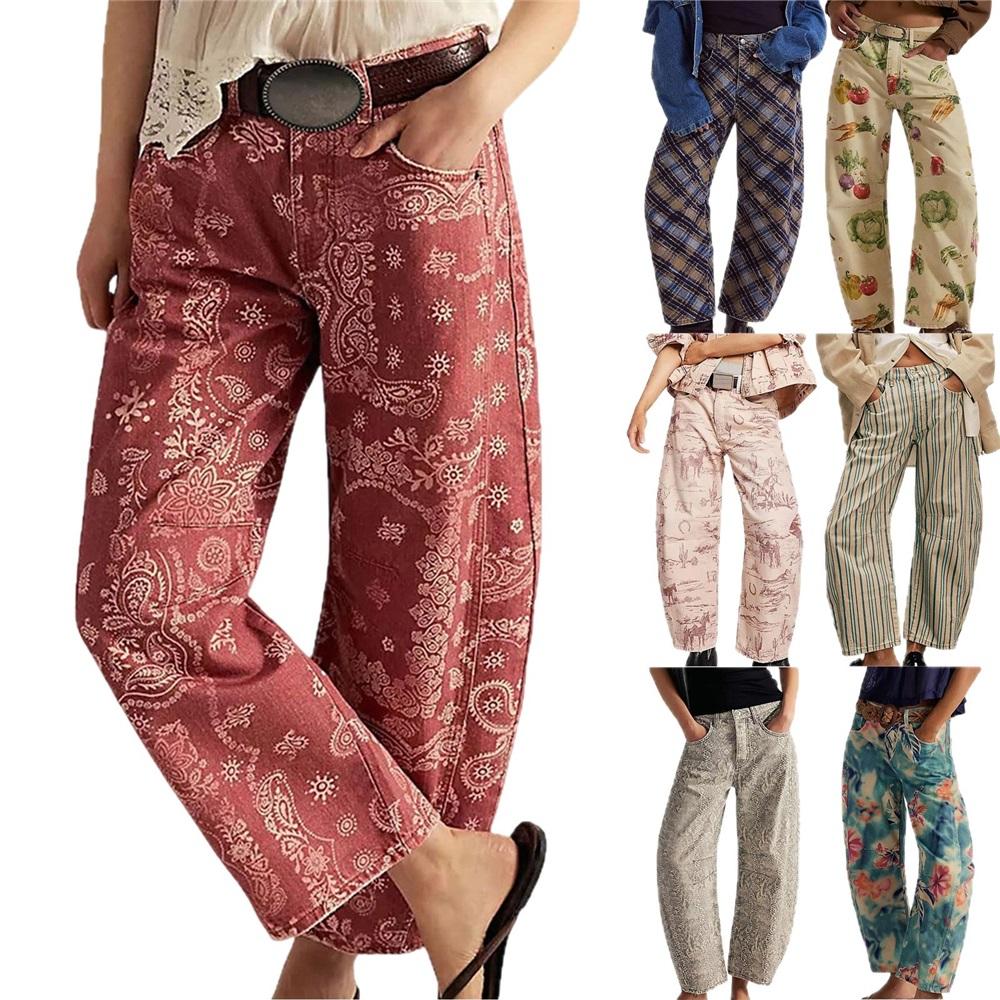 Herfst En Winter Dames Losse Jeans Geprinte Denim Negenpunts Broek Wijde Pijp Middelhoge Jeans Y2K