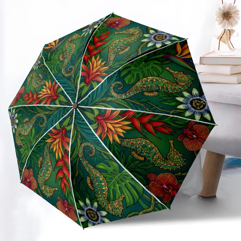 1pc Sturdy 8-Bone Auto Umbrella, Animals Dolphin Penguin Sheep Seahorse Umbrella, Digital Printed, Foldable Umbrella for On-the-Go Outdoor Use