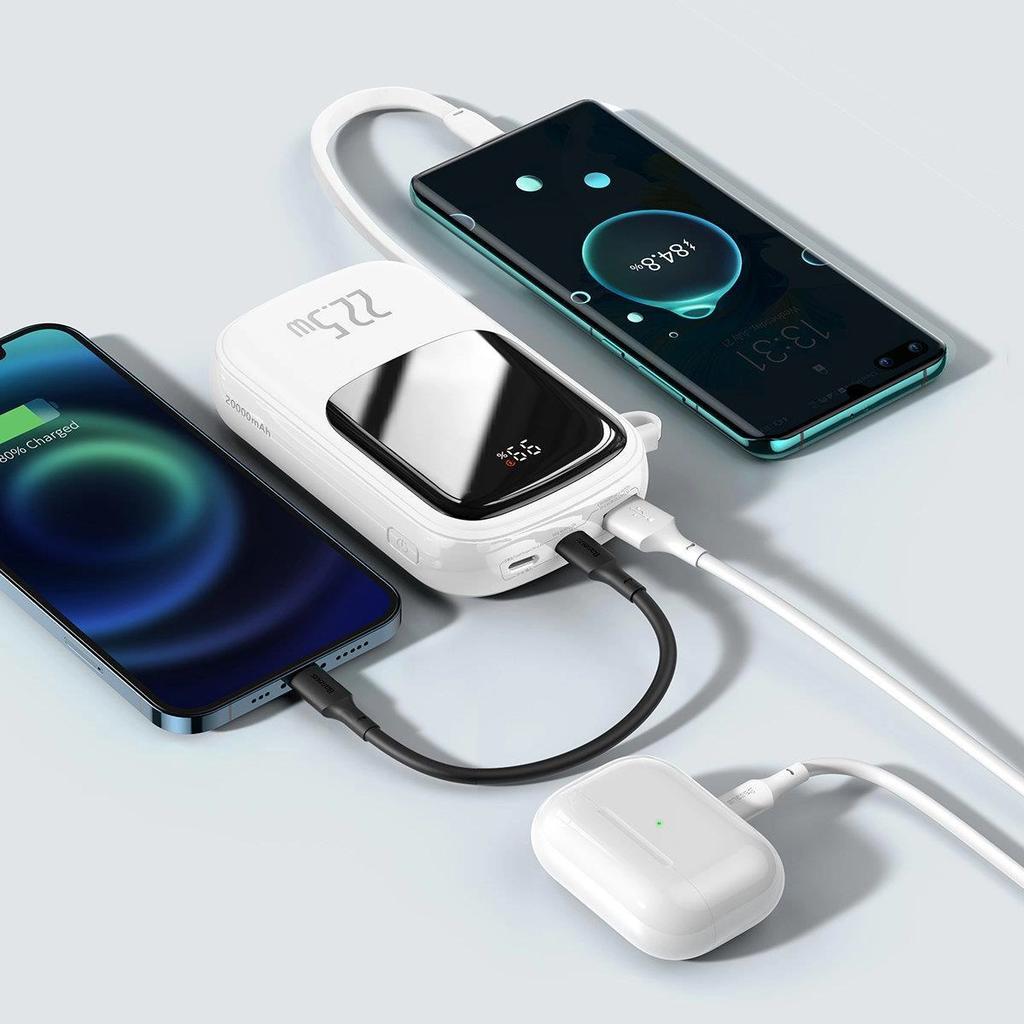 Baseus Qpow Digital Display Powerbank Z Szybkim Ładowaniem 20000Mah 22,5W Qc/Pd/Scp/Fcp Z Wbudowanym Kablem Usb-C Biały