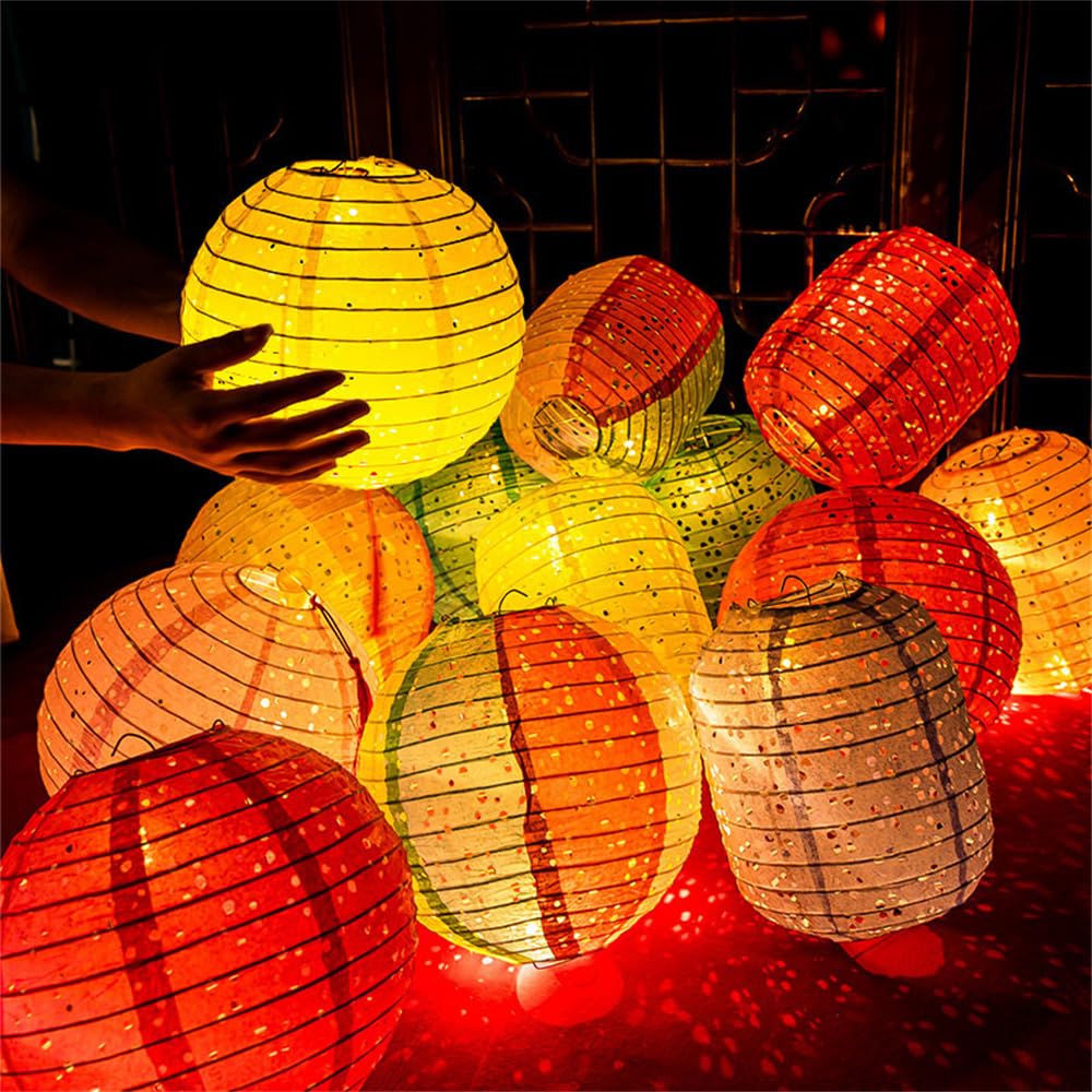 DUOLEIMI Paper Lanterns for Obon Festivals, Openwork Paper Lanterns with LEDs, Colorful, Set of 10 (30cm Round)