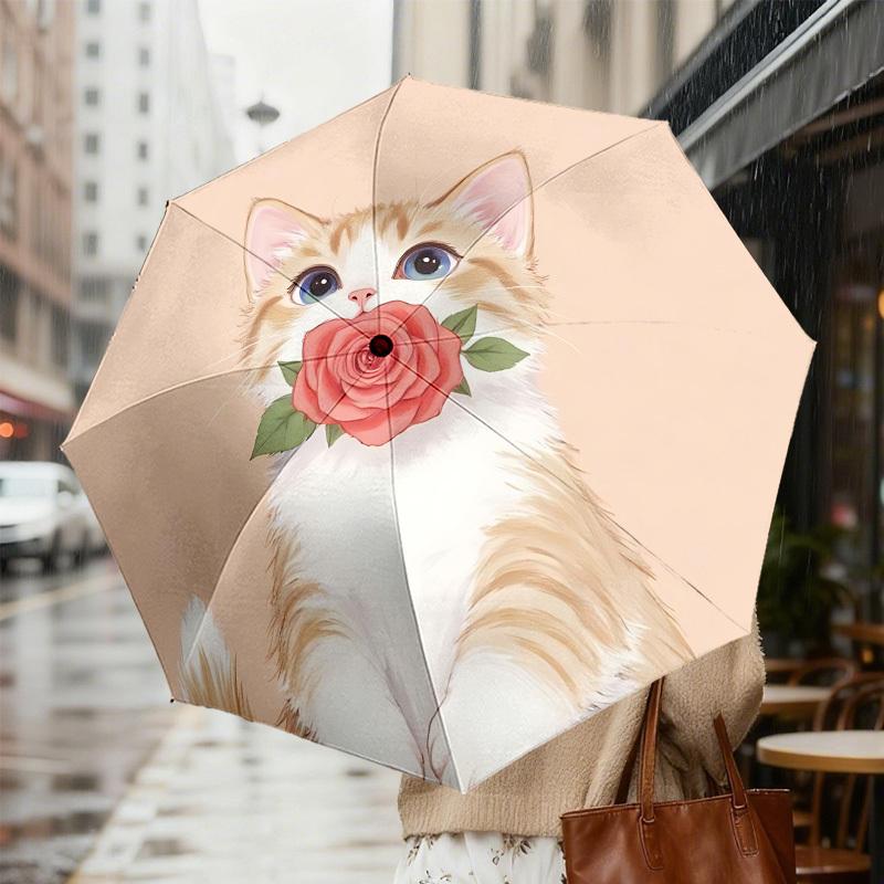Adorable Cat with Rose Print Umbrella: Automatic Opening/Closing, Outdoor Protection, Lightweight and Durable Travel Accessory 087