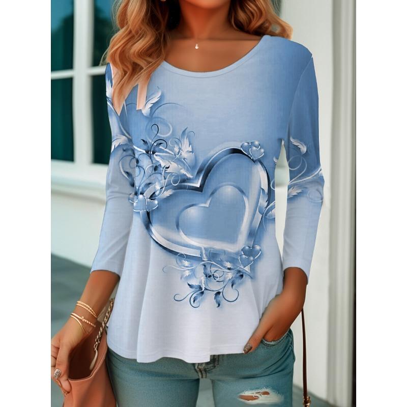 Round Neck 3D Love Printed Top Casual Long Sleeved Women's T-shirts - Soft Medium Stretch Polyester Fabric Spring and Autumn Relaxed Fit Clothing